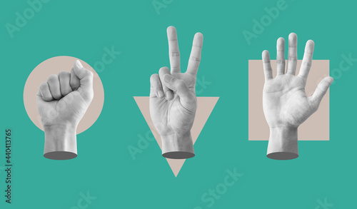Digital collage modern art. Rock, Scissor and paper hand sign, with conflict geometry