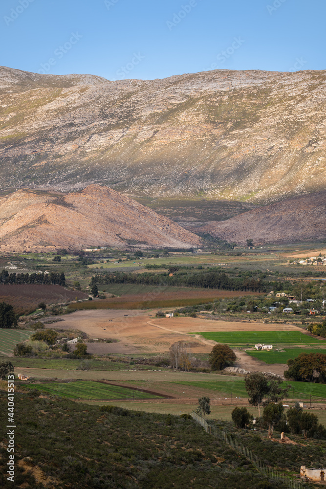 Fototapeta premium Portrait shot of Barrydale village with blue sky on route 62 in Western Cape South Africa