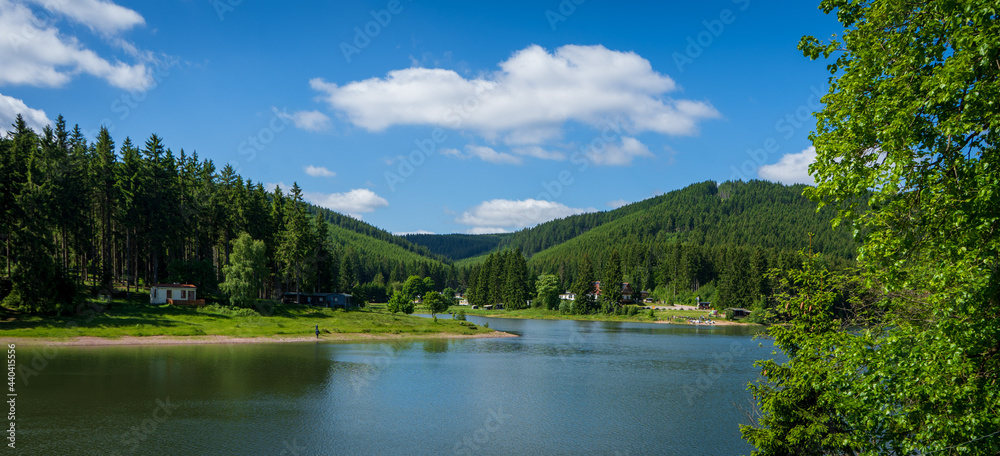 Fototapeta premium lake in the mountains, dam Lütsche in thuringian forest