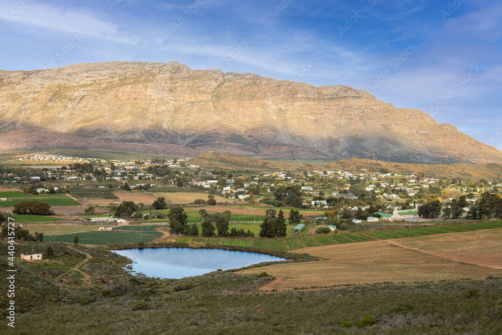 Naklejka premium Landscape shot of Barrydale village town on Route 62 in the western cape South Africa