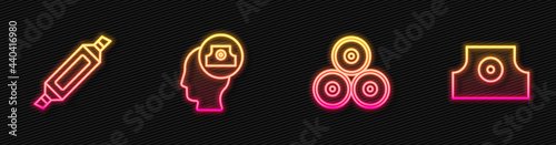 Set line Paint spray can, Marker pen, Spray nozzle cap and . Glowing neon icon. Vector