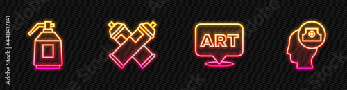 Set line Speech bubble with text art, Paint spray gun, can and Spray nozzle cap. Glowing neon icon. Vector