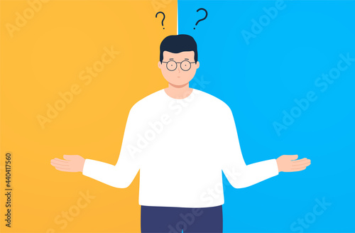 Thinking and choice, thoughtfulness and problem solving. Man chooses between two options.