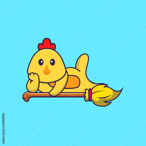Cute chicken lying on Magic Broom. Animal cartoon concept isolated. Can used for t-shirt, greeting card, invitation card or mascot. Flat Cartoon Style