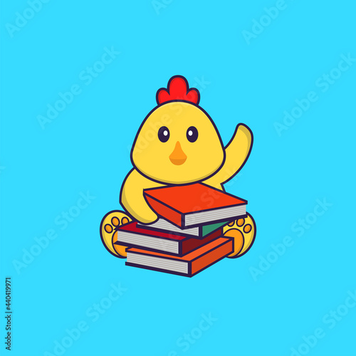 Cute chicken reading a book. Animal cartoon concept isolated. Can used for t-shirt, greeting card, invitation card or mascot. flat cartoon style