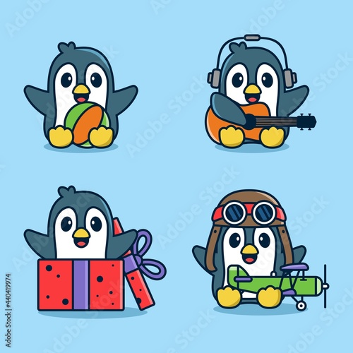 Set of cute penguins character with various actions. Penguins cartoon vector illustration