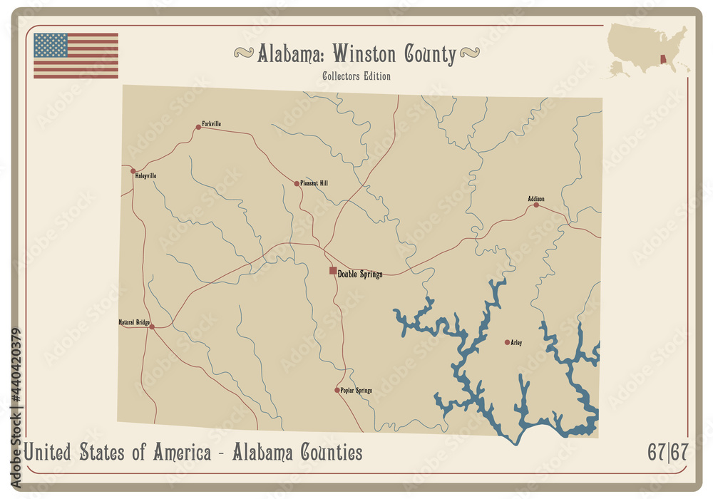 Map on an old playing card of Winston county in Alabama, USA.