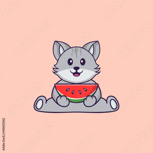 Cute cat eating watermelon. Animal cartoon concept isolated. Can used for t-shirt, greeting card, invitation card or mascot. Flat Cartoon Style © Turn