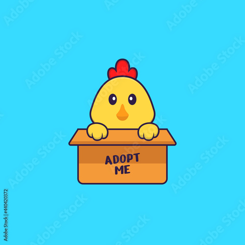 Cute chicken in box with a poster Adopt me. Animal cartoon concept isolated. Can used for t-shirt, greeting card, invitation card or mascot. Flat Cartoon Style