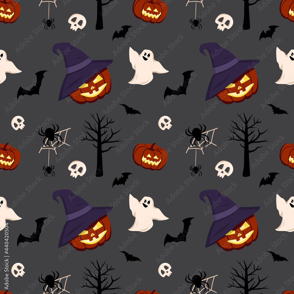 Bright dark seamless pattern with pumpkins, ghosts, skulls, bats and spiders. Festive autumn decoration for Halloween. Holiday October background for paper print, textile and design