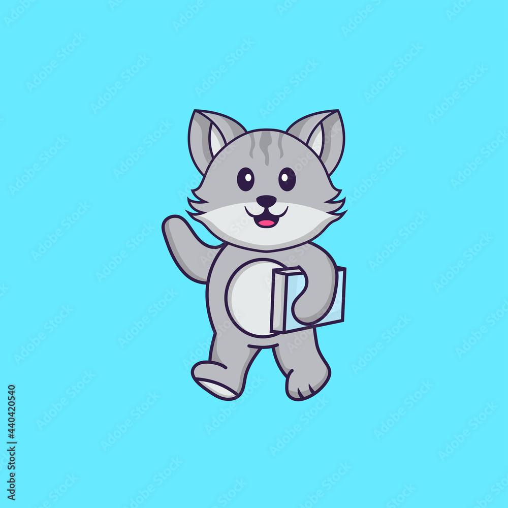 Cute cat holding a book. Animal cartoon concept isolated. Can used for t-shirt, greeting card, invitation card or mascot. Flat Cartoon Style Cute cat holding a book. Animal cartoon concept isolated. Can used for t-shirt, greeting card, invitation card or mascot. Flat Cartoon Style