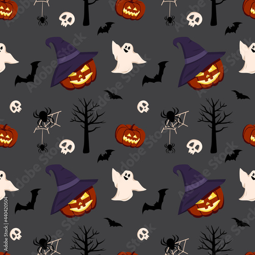 Bright dark seamless pattern with pumpkins  ghosts  skulls  bats and spiders. Festive autumn decoration for Halloween. Holiday October background for paper print  textile and design