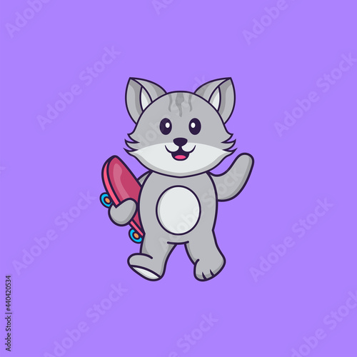 Cute cat holding a skateboard. Animal cartoon concept isolated. Can used for t-shirt, greeting card, invitation card or mascot. Flat Cartoon Style © Turn