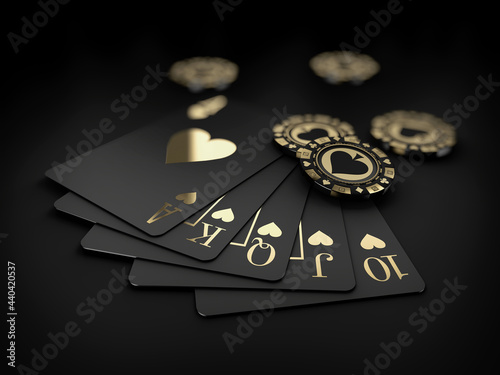 3d Rendering of Royal flash of hearts, on the black background