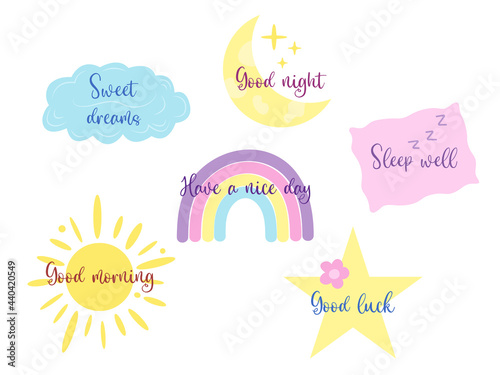 Cute kid stickers. Sweet dreams, good night. Nursery elements for or baby textile, decor, children posters. Vector illustration