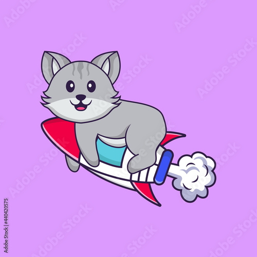 Cute cat flying on rocket. Animal cartoon concept isolated. Can used for t-shirt, greeting card, invitation card or mascot. Flat Cartoon Style