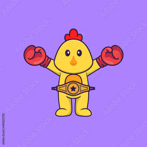 Cute chicken in boxer costume with champion belt. Animal cartoon concept isolated. Can used for t-shirt, greeting card, invitation card or mascot. Flat Cartoon Style