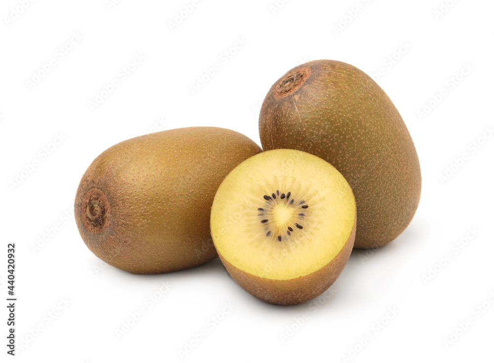Golden kiwi whole and half isolated on white background, cutout. Golden kiwi whole and half isolated on white background, cutout.