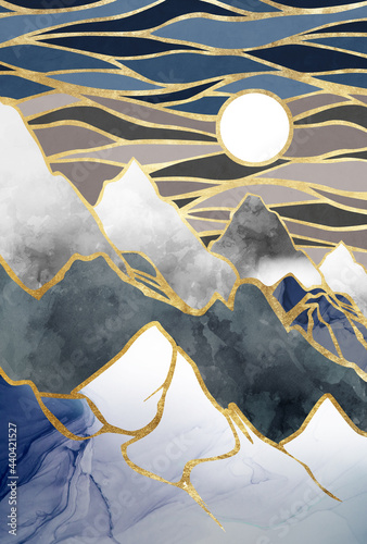 Abstract mountains with sun and clouds in japanesse style. Gold, mural and watercolor texture mountain. Picture for wallpaper and background photo