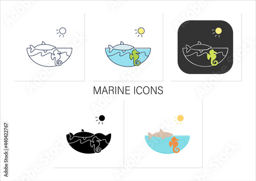 Marine icons set. Made up of the saltwater oceans. Living place for shark, seahorse etc. Underwater world. Seascape.Collection of icons in linear, filled, color styles.Isolated vector illustrations