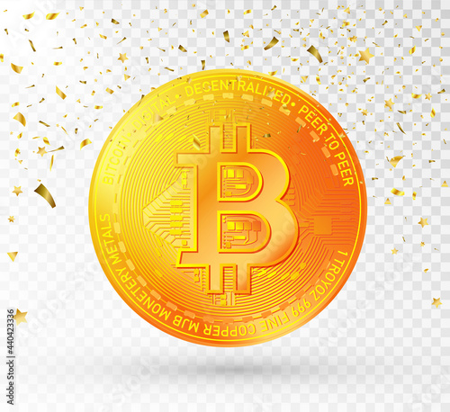 Gold bitcoin coin. Bitcoin symbol in cryptocurrency isolated on transparent background. Realistic vector illustration.	