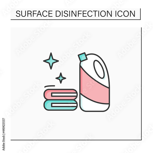 Bleach color icon. Household chemical bottle with laundry pile line pictogram. Clothes washing, disinfection, house cleaning, hygiene, stain removing and bleaching.Isolated vector illustration