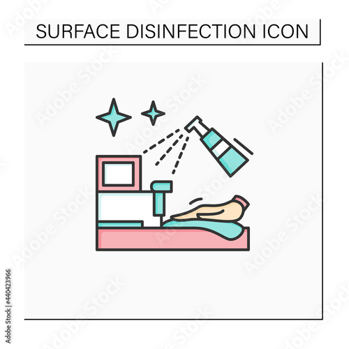 Shop disinfection color icon. Counter surface cleaned with antibacterial alcohol based spray line pictogram. Public places covid disinfection and retail reopening.Isolated vector illustration
