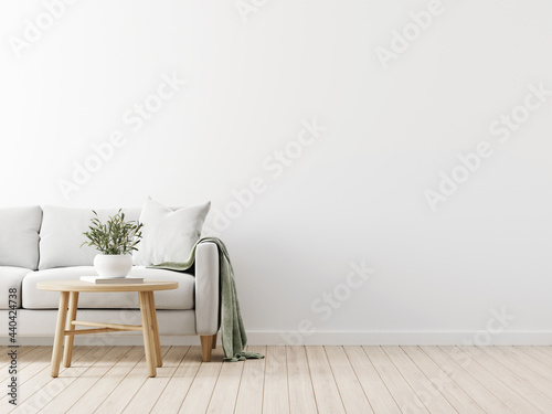 Fototapeta Naklejka Na Ścianę i Meble -  Traditional living room interior mockup with grey sofa, green throw, pillow and wooden  coffee table with olive twigs in vase on empty white wall background. 3d rendering, illustration