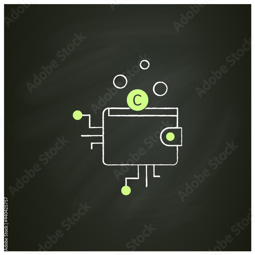 Cryptocurrency wallet chalk icon.Physical medium, program. Private access for cryptocurrency transactions. Digital money collection.Digitalization concept. Isolated vector illustration on chalkboard