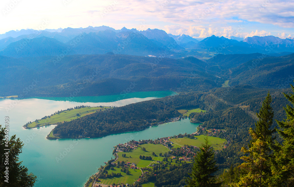 Panoramic view at peninsula Zwergern at Walchensee and the mountain range of the Alps (Bavaria, Germany)