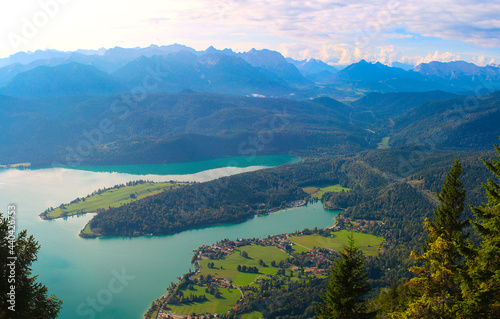 Panoramic view at peninsula Zwergern at Walchensee and the mountain range of the Alps  Bavaria  Germany 