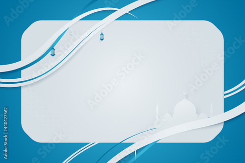 Ramadan Kareem. White space with traditional Islamic mosque and Islamic ornament. Wavy white and blue lines. Vector illustration