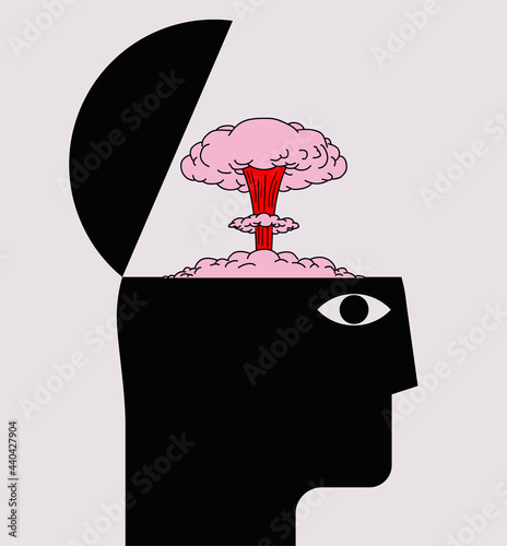 Mind blowing concept with human head silhouette with opened braincase and nuclear explosion silhouette isolated on white background. Vector illustration