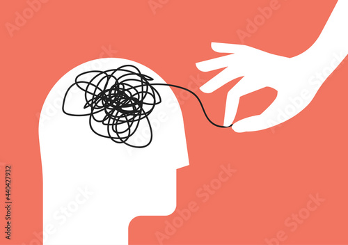 Psychologic therapy session concept with human head silhouette and helping hand unravels the tangle of messy thoughts with mental disorder, anxiety and confusion mind or stress. Vector illustration photo