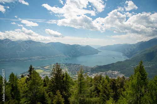 beautiful view down on Lago Maggiore from Cimetta in Locarno in Ticino Switzerland
