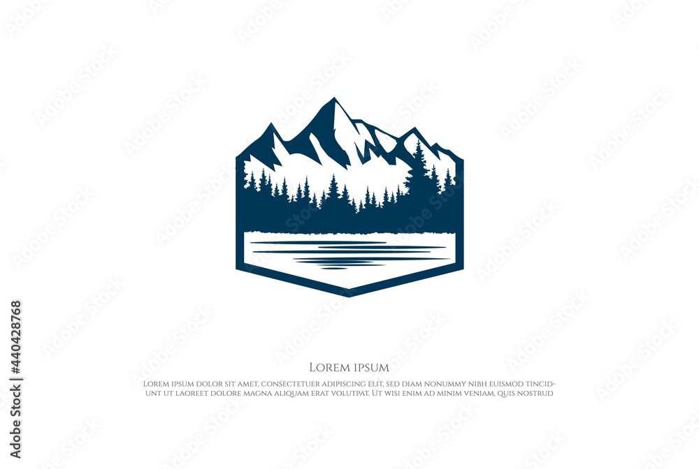 Ice Snow Mountain with Pine Cedar Spruce Conifer Evergreen Fir Larch Hemlock Cypress Trees Forest and Creek River Lake for Camp Adventure Logo Design Vector