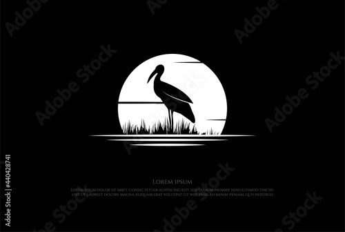 Retro Sunset Sunrise with Stork Heron Egret Ibis Flamingo Logo Design Vector photo