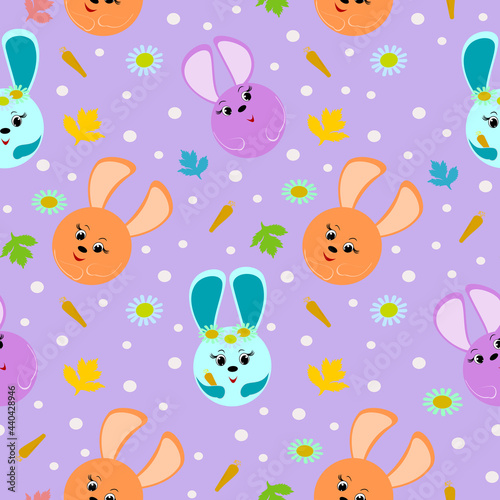 Seamless pattern with different cute cartoon round hare faces and elements of leaves, flowers and carrots on a purple background. Background for the design of children's textiles, goods.