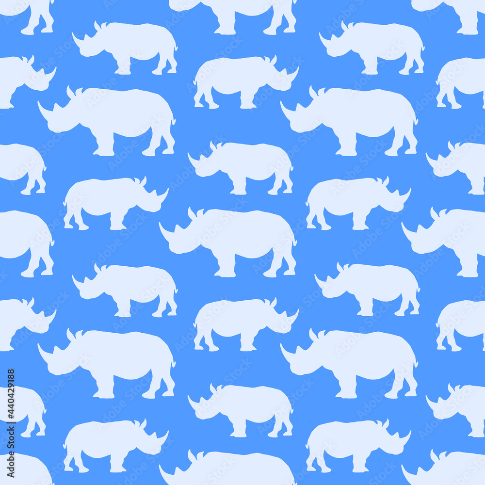 Seamless pattern with a silhouette of a rhinoceros in blue color on an isolated background. Seamless pattern with a silhouette of a rhinoceros in blue color on an isolated background.