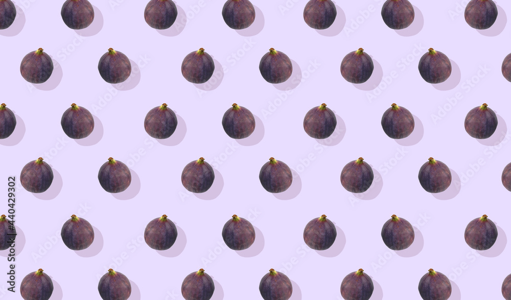 Fototapeta premium Seamless fig slice repeating pattern. Standing fig on purple background. 3D rendering