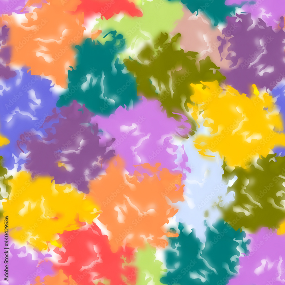 Abstract background with imitation of a gouache pattern from multi-colored spots. Bright background with large drops of different colors with slight transparency and blurring.
