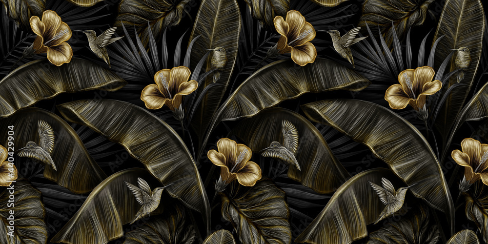 custom made wallpaper toronto digitalTropical exotic vintage seamless pattern with gold hibiscus, colibri, banana leaves, palm leaves, colocasia. Hand-drawn 3D illustration. Good for production wallpapers, cloth, fabric printing, goods.