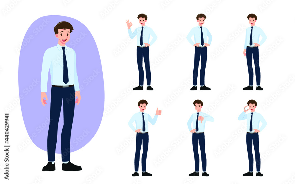 Flat design concept of Businessman with different poses, working and presenting process gestures and actions. Vector cartoon character design set.