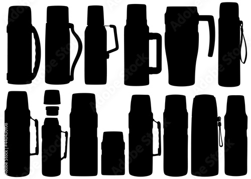Large and small thermoses in a large set. Vector image.