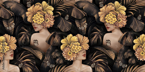 Tropical exotic golden seamless pattern. Beautiful women, hibiscus flowers bouquets, plumeria, monstera, palm, banana leaves, butterflies, jungle. Hand-drawn vintage 3D illustration. Luxury wallpaper © alenarbuz