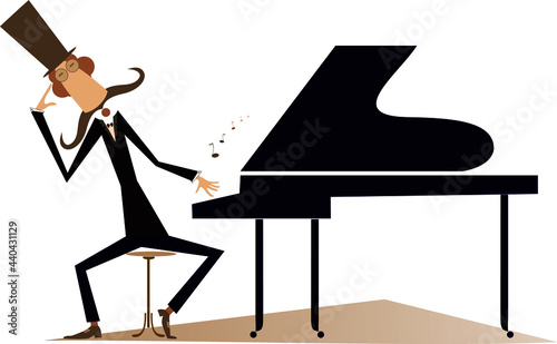Thinking pianist or composer and piano illustration. 
Mustache pianist or composer in the top hat sits near the piano isolated on white
