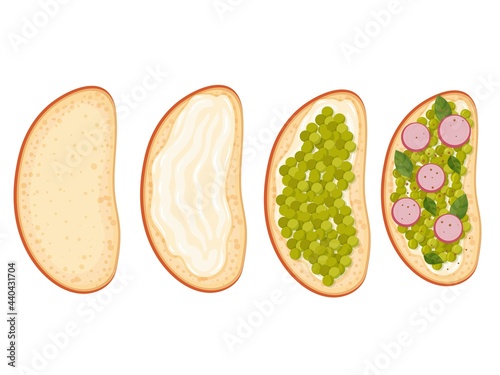 Sandwich with green peas and radish. Bruschetta. Healthy food recipe. Vegetarianism. Simple drawing in cartoon style. Vector illustration.