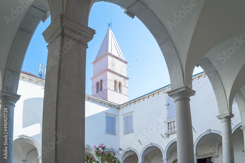 Lovely cloister of The Minorite Monastery and the attached Church of St Francis Assisi in the town's historic district. Old town Piran, Slovenia.
