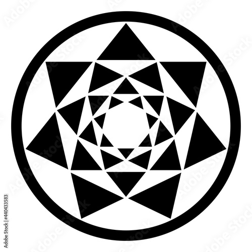 Four heptagrams, and their resulting triangle patterns, in a circle frame. Crossing points of four seven-pointed stars, placed one inside the other, forming a mandala. Modeled on a crop circle. Vector