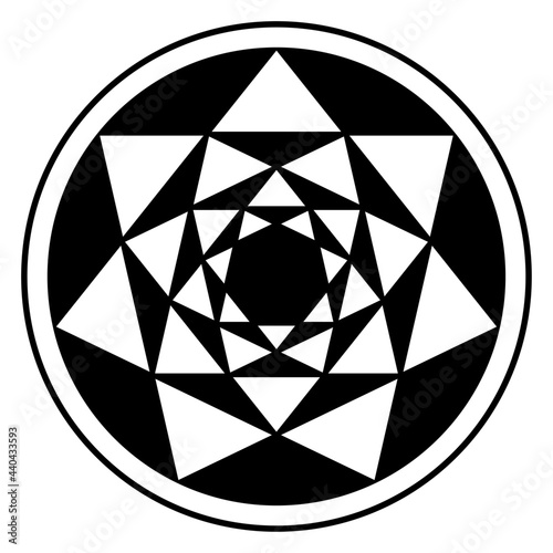 Inverted four heptagrams, and their resulting triangle patterns, in circle frame. Crossing points of seven-pointed stars placed one inside the other forming a mandala. Modeled on a crop circle. Vector